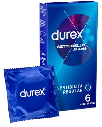 6 Preservativi Durex Settebello Jeans Trasparenti Extra Lubrificati con Lubrificante a Base Siliconica Forma Easy-On con Serbatoio in Lattice di Gomma Naturale - 6 Profilattici