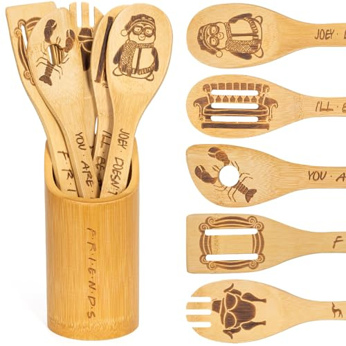PuGez 5pcs Bamboo Friends Wooden Cooking Spoons Set, Friends TV Show Merchandise, Kitchen Utensils with Holder