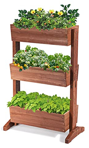 GOPLUS 3 Etagen Hochbeet, Blumenbeet aus Tannenholz, Blumentreppe mit 3 Blumentrögen & Ablauflöchern, Pflanzbeet für Garten Balkon Terrasse (71 x 38 x 105 cm)