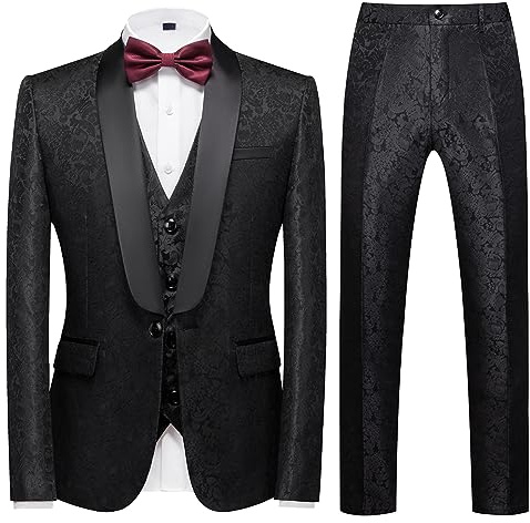 KUDORO Abito da Uomo 3 Pezzi Paisley Slim Fit Abiti da Sposa Abito Elegante Cerimonia Abito da Smoking Blazer Gilet Pantaloni(Nero,XL)
