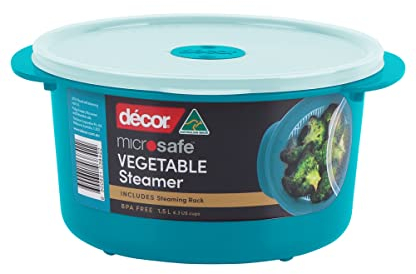 Décor Microsafe Vegetable Steamer designed for quick microwave heating and cooking. Steam meat, fish and vegetables in minutes Dishwasher & Freezer Safe BPA Free 1.5L Capacity - Teal