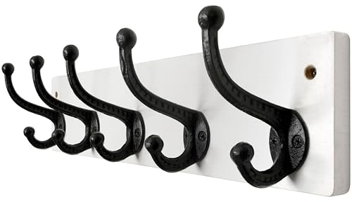 WEBI Garderobenleiste,Wandgarderobe mit 5 Haken Gusseisen,Garderobenhaken Wand,Kleiderhaken Wand,Garderobe Hakenleiste für Mäntel,Jacken,Weiß