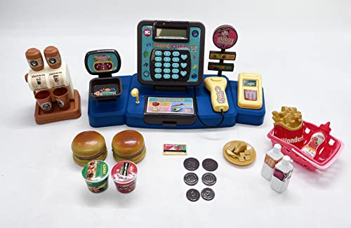 Flex Kids Electronic Cash Register Toy Scanner Card Machine Play Money Coffee Maker Sandwich Set Pretend Play Supermarket Till with Sound & Lights Educational Role Play Boys Girls 3 4 5 6+ Years Blue