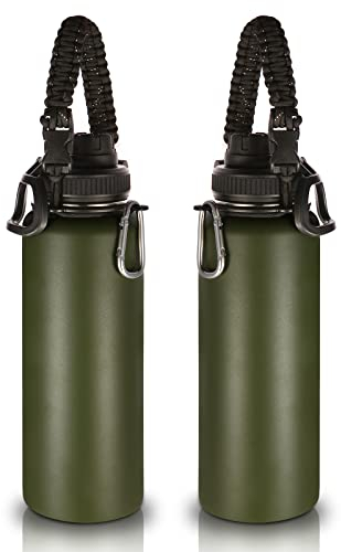 Volhoply 1200ml Trinkflasche Edelstahl Zwei Packungen,Doppelwandig Vakuum Isolierte Thermosflasche mit Paracord-Griff,Metall Bottle,BPA-Frei Thermoskanne für Sport, Schule,Outdoor(Armee Grün,2 Set)