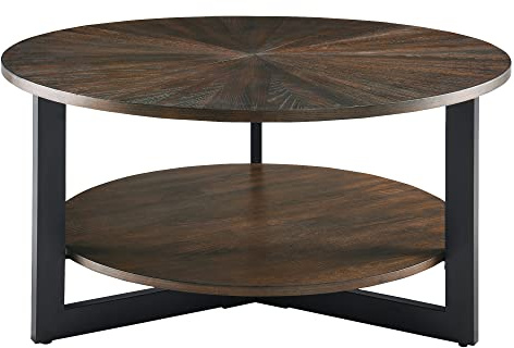 Runt soffbord tebord ändbord kaffebord för vardagsrum med metallben, cocktailbord med träutseende accentmöbler,sidobord (Rustik brun)