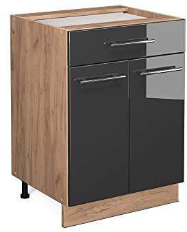 Vicco Küchenunterschrank Fame-Line, Anthrazit Hochglanz, 60 cm | MDF-Front · Ohne Arbeitsplatte · Höhenverstellbare Füße · Metallgriffe · Soft-Close