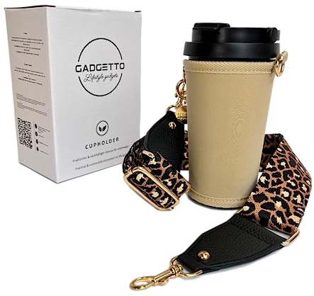 GADGETTO Cupholder Set 3-teilig Variante Braun I bestehend aus Thermobecher 6 Stunden warm od. kalt Füllmenge 500 ml I Becherhalter/-Tasche aus Neopren I Umhängeband mit Leoparden Muster
