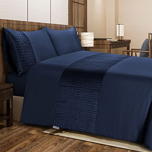 Bronwen Mathews Double Duvet Cover Set Soft Microfibre with Quilted Square Velvet Band Quilt Cover and 2 Pillowcases, Easy Care Wrinkle Free Double Bedding Set of 3 Pcs (Navy, Double)