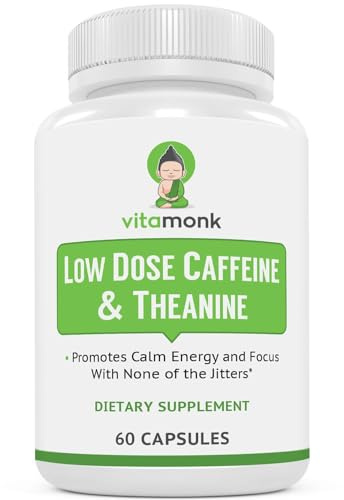 VitaMonk Low Dose Caffeine and Theanine - No Jitters, No Crash- Microdose of Caffeine L Theanine Pills with Caffeine Theanine and Theobromine - 25mg of Caffeine, Caffeine Pills L Theanine - 60 Caps