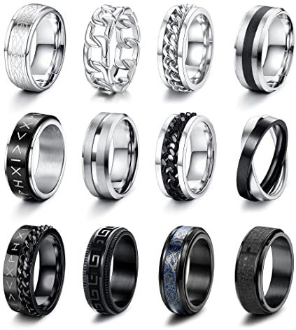 CASSIECA 12 Stück Ringe für Herren Fidget Spinner Anti Angst Ringe Band Ketten Ringe Silber Schwarze Ehering Verlobungsringe Zappel Ring Geburtstag Geschenke für Herren Größe 70