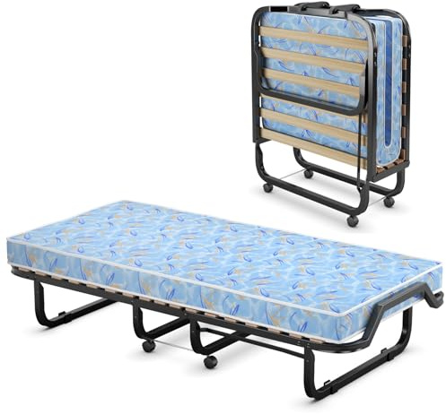 GOPLUS Cama Plegable Cama de Invitados 90 x 200 cm, con Colchón de Espuma Viscoelástica de 10 cm de Espesor, Estable Armadura de Metal con Ruedas, Fabricado en Italia, Soporta hasta 120 kg, Azul