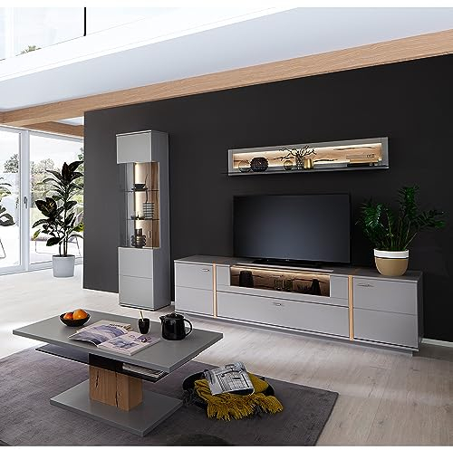 Lomadox Modernes Wohnzimmer Set in grau lackiert inkl. Couchtisch, Glasvitrine mit sichtbarer Rückwand, Wandregal und TV-Board mit Eiche Absetzungen