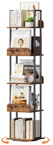 Bikoney Drehbares Bücherregal, 360° drehbares Bücherregal, Turm, 5-stöckiges schmales Bücherregal, hohes industrielles Bücherregal, Organizer, kleine Eck-Bücherregale für Wohnzimmer, Schwarz