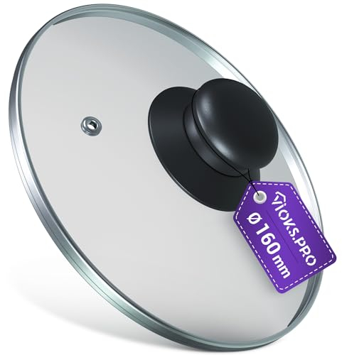 Viоks.pro Glasdeckel 16cm für Pfanne & Kochtopf Deckel mit Knopfgriff und Edelstahlschutzrand - Töpfe Deckel & Pfannendeckel Universal mit Entlüftungsloch