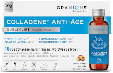 GRANIONS COLLAGENE SUBLIMLIFT SHOTS -10g de Collagene marin Hydrolysé de type I - Collagene et Acide Hyaluronique - Anti ride - Biotine Cheveux - Chute de Cheveux Femme | 10 shots de 50mL Goût Pêche