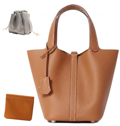 Genuine Leather Lock Design Bucket Bag Vegetable Basket, Fashionable and Versatile Satchel Handbag(Brown)