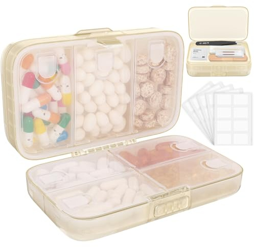 FYY Weekly Pill Organizer with Labels,8 Compartments Travel Daily Pill Case Airtight Moistureproof Large Pill Box to Hold Vitamins, Fish Oil, Supplements,Cotton Swab and Bandages-Beige