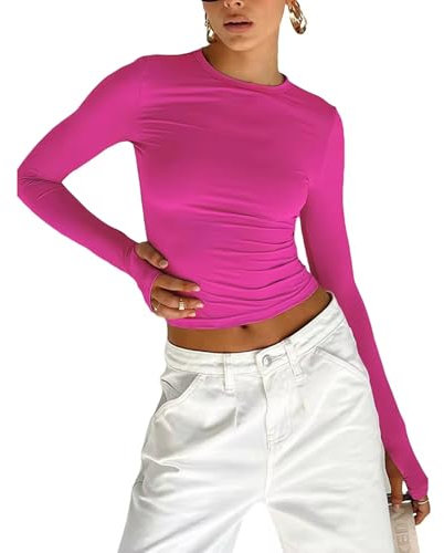 Camiseta De Moda para Mujer, Top Corto Liso Ajustado De Manga Larga con Cuello Redondo Y Agujeros para El Pulgar para Ropa De Calle Diaria, Camisola De Verano,Fucsia,l