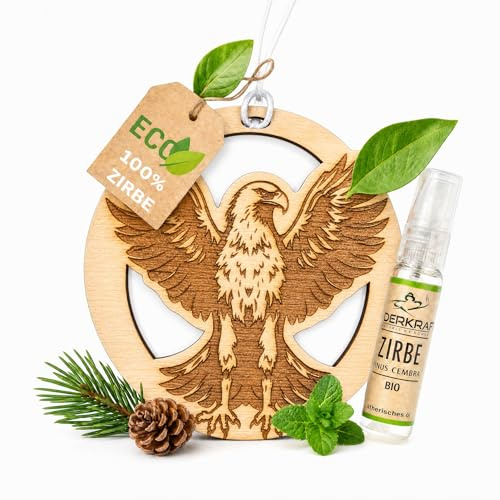 Duftbaum Auto Zirben Anhänger, [Adler] Auto Lufterfrischer, inkl. 5ml BIO Zirbenspray, verschiedene Designs, für Auto oder Kleiderschrank. Natürlicher Zirbenholz Zirbenöl Duft