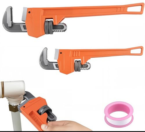 MOUYAT 2PCS Pipe Wrench Adjustable, 14'' and 10'' Straight Plumbing Wrench with Large Jaw, Carbon Steel Pipe Spanner for Toilet, Bowl Sink, Bathroom, Kitchen