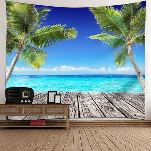 Mesnt Wandbehang Palme Strand, 210x140cm Holzbrett, Palmen und Meerblick Wandteppich für Schlafzimmer Wohnzimmer | Blau Grün Braun