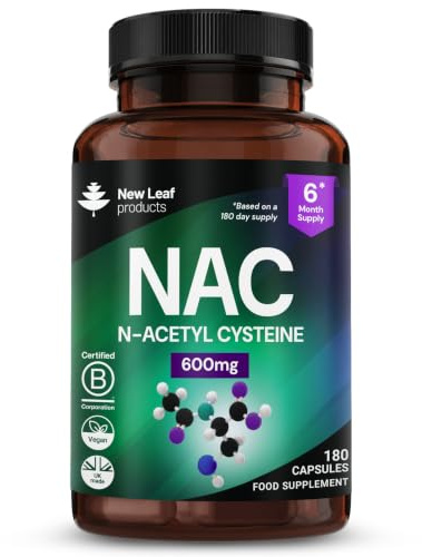 NAC N-Acetyl-Cysteine 600mg Capsules N-Acetyl Cysteine Nutritional Supplements 180 NAC Capsules - Nac Supplement High Bioavailability Amino Acid - Vegan Friendly - Made in UK by New Leaf