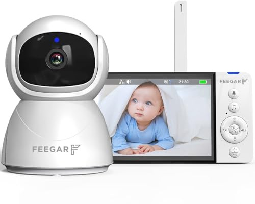 Feegar Babyphone mit Kamera Baby Monitor 5-Zoll 720P HD Display 2,4 GHz PTZ 355°/120° Baby Monitor mit Ferngesteuerter Kamera 2X Zoom VOX Modus Nachtsicht Temperatursensor Schlaflieder 5000mAh