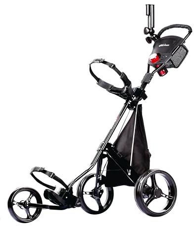 PRECISE Cruiser 3-Wheel Golf Push Cart with Foot Brake & Stabilizer Rods – Folding Golf Trolley, Ergonomic Handle, Detachable Storage Bag, Scorecard & Cup Holder - Black/Black