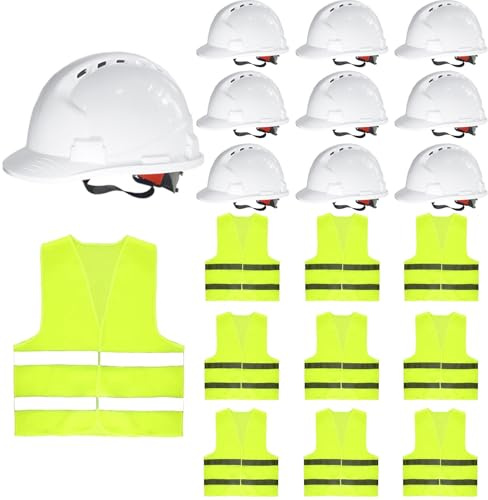 4 Pt. Suspension Hard Hat with Safety Vests Bulk Safety Helmets Adjustable Ratchet Hard Hats, Vents & Sweat Cotton Brow Pad - ABS Construction Helmets for Work Sites & Outdoor Labor (White, 10 Set)
