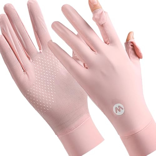 Bvxchg Women UV Protection Gloves, Thin Ice Silk Touchable Screen with Anti Slip Particles Fishing Cycling Hiking Gloves (Pink)