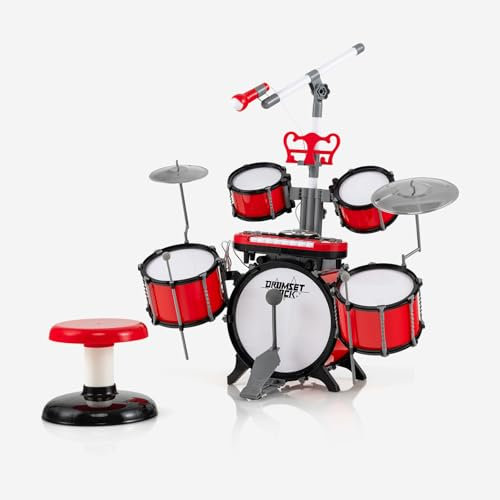 KOMFOTTEU Batterie de Jazz pour Enfant de 3 Ans+, avec Microphone, Ensemble de Batterie avec Tabouret, 5 Tambours, 2 Baguettes, 8 Touches, Connecteur MP3, Instrument Musique pour Enfant