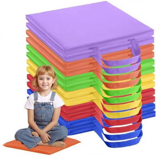 OnIUeZky Cushions de Piso para el Aula, Asientos Flexibles Impermeables de 12 Piezas de 12 Pulgadas con manija, Asiento de Piso Rectangular de 6 Colores, Cojines para niños, guardería, Preescolar.