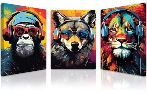Qiukoo Set of 3 Framed Canvas Wall Art – Waterproof Modern Artwork with Hooks, Vibrant Animal Prints for Living Room Wall, Bedroom Pictures for Wall Decoration – 12x16 Inch