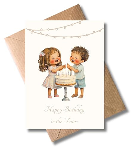 WBdesignz „Happy Birthday to the Twins“ – Niedliche Geburtstagskarte für Zwillingsmädchen und -jungen mit süßer Illustration – Inklusive Kraftpapier-Umschlag (DIN A6)