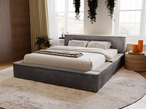 GRAINGOLD Lago Bett 180x200, Polsterbett mit Bettkasten, Polsterbett mit Stauraum, Fellstoff, mit Lattenrost, mit Kopfteil, ohne Matratze (Dunkelgrau, 180x200)