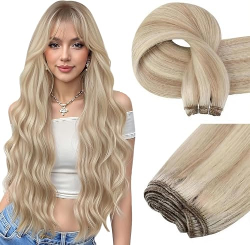 Easyouth Tressen Extensions Echthaar Blond Haartressen Echthaar Extension Aschblond Highlight Gelb Blond 55 cm Weft Extensions Haarverlängerungen Double Weft 100g #18P613