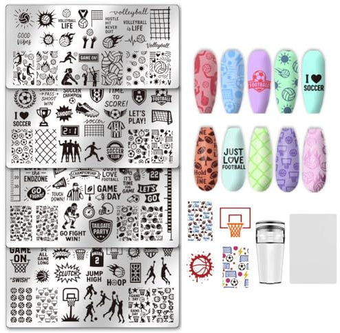 UNICRAFTALE 4 Teiliges Nagelstempelplatten Set Sport Stempelplatte Blumenblatt Pflanzenstempelvorlagen Bild Nagelschablonen Nagelkunstplatten Mit Nagelschaber Für Frauen DIY Druck Maniküre Salon