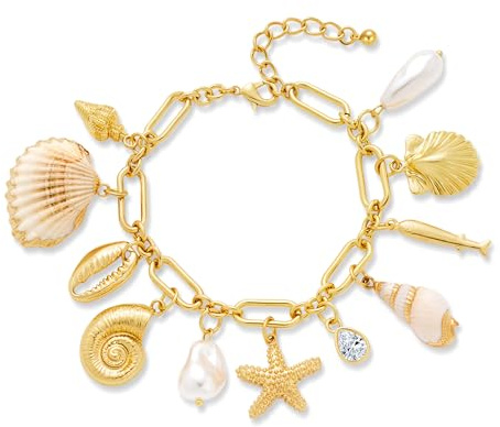 ENSKEFEN Chunky Gold Seashell Starfish Bracelets for Women Summer Ocean Fish Conch Shell Sea Star Pearls Charm Bracelets Trendy Adjustable Beach Mermaid Shell Statement Bracelet