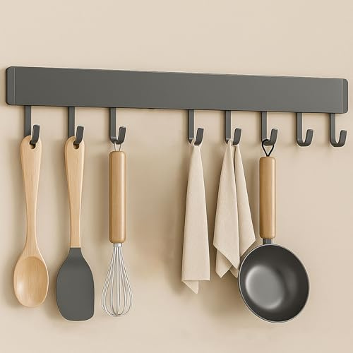 RETSAMV No-drill Kitchen Utensil Hook Rack Wall Mounted Spoon Spatula Storage Organiser Multifunctional Movable Wall Shelf 40cm/50cm for Kitchen Bathroom Hallway Bedroom (Gray-40cm)