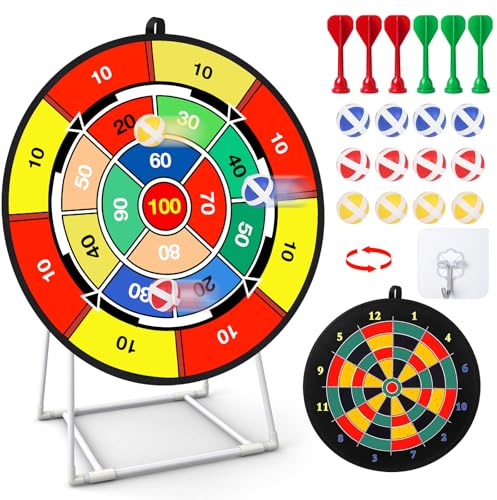 Cible de fléchettes pour enfants, grand jeu de fléchettes Velcro avec motifs réversibles, support robuste, 12 balles adhésives et 6 fléchettes, jeux amusants en intérieur et en extérieur pour enfants