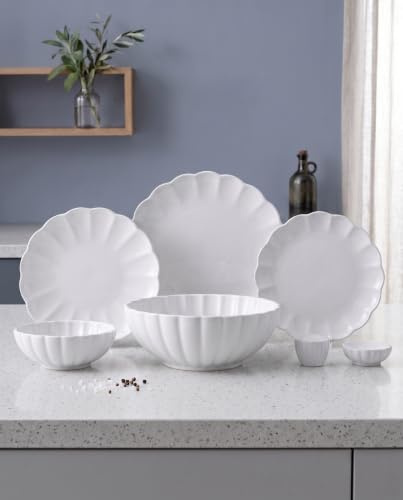BAVARY Lotus Porzellan Geschirrset 27-teilig für 6 Personen – Weißes Tafelservice Kombiservice mit Speisetellern, Desserttellern, Suppentellern, Schalen, Servierschale & Streuern – spülmaschinenfest