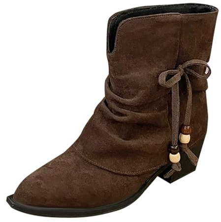 Generiska ankelstövlar dam klack eleganta vida stövlar blockklack hajstövlar vintage västerländska stövlar mocka cowboystövlar spets tå veckade stövlar vikbara över ridstövlar slouchy, kaffe, 42 EU