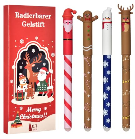 LVZONGXIN 4-er Radierbare Gelstifte Weihnachten 0,7 mm Spitze | Lebkuchenmann Radierbare Stifte Weihnachten, Weihnachtsmann Radierbarer Gelschreiber