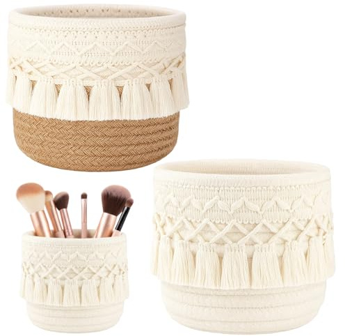 JqruiTbeis 2 Stück Mini-Aufbewahrungskorb Set, Make-up-Pinselhalter aus Baumwollseil mit Quasten, kleiner Aufbewahrungskorb für Schminktisch und Schreibtisch, 10x10 cm (Braun und Weiß)