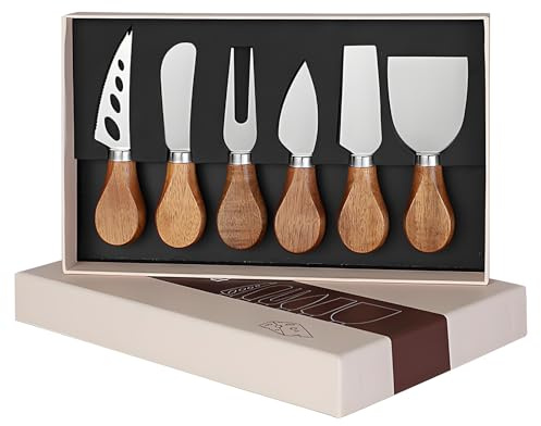 SHYSBV 6-teiliges Käsemesser-Set aus Edelstahl mit Akazienholzgriffen in Geschenkbox - Inkl. Käsegabel & Käsestreicher | Geschenk für Hochzeiten & Geburtstage | Küchenmesserset