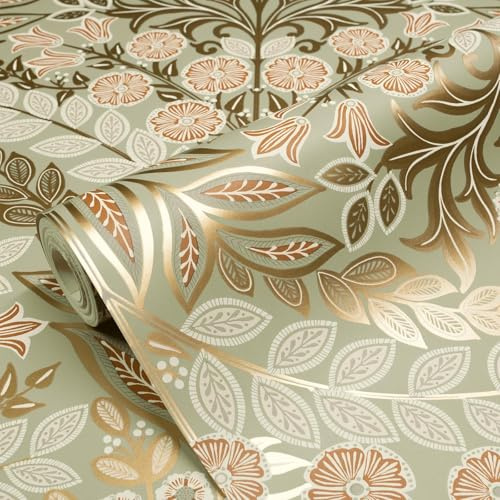 Grandeco Belvedere 202304 Papier peint métallique à thème floral pour couloirs, salles à manger, salons Vert sauge