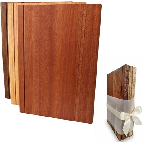 Set da 3 Taglieri in Legno Massello 33x25.5cm, Stile Libro in Acacia con Supporto, Taglieri per Charcuterie Antiscivolo con Scanalatura per Carne, Verdura e Formaggio, Regalo per la Cucina
