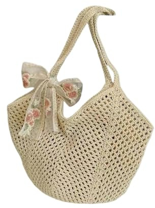 YYDPYZBD Bolso de Punto Bandolera Playa, Paja Hecha A Mano, Gran Capacidad, Estilo Vacaciones, Tejido Calado -357-pañuelo Seda Doble Cuerda Red Hueca (Blanquecino)