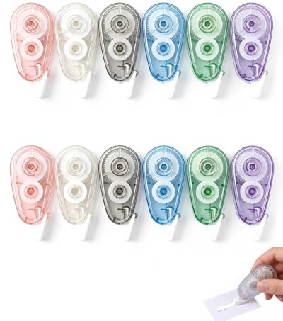 YIPFEN Lote de 12 Cintas Correctoras Blancas 4 m Mini Cinta Correctora con Carcasa Transparente y Colorida para Material Escolar y Oficina