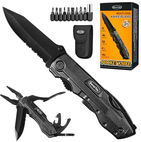 RoverTac Pocket Knife, 15-in-1 Multitool with Pliers, Bottle & Can Opener, 9 Screwdriver Bits, Locking Mechanism & Nylon Sheath - EDC Multi Tool for Camping, Hiking & DIY, Gift for Men & Dad